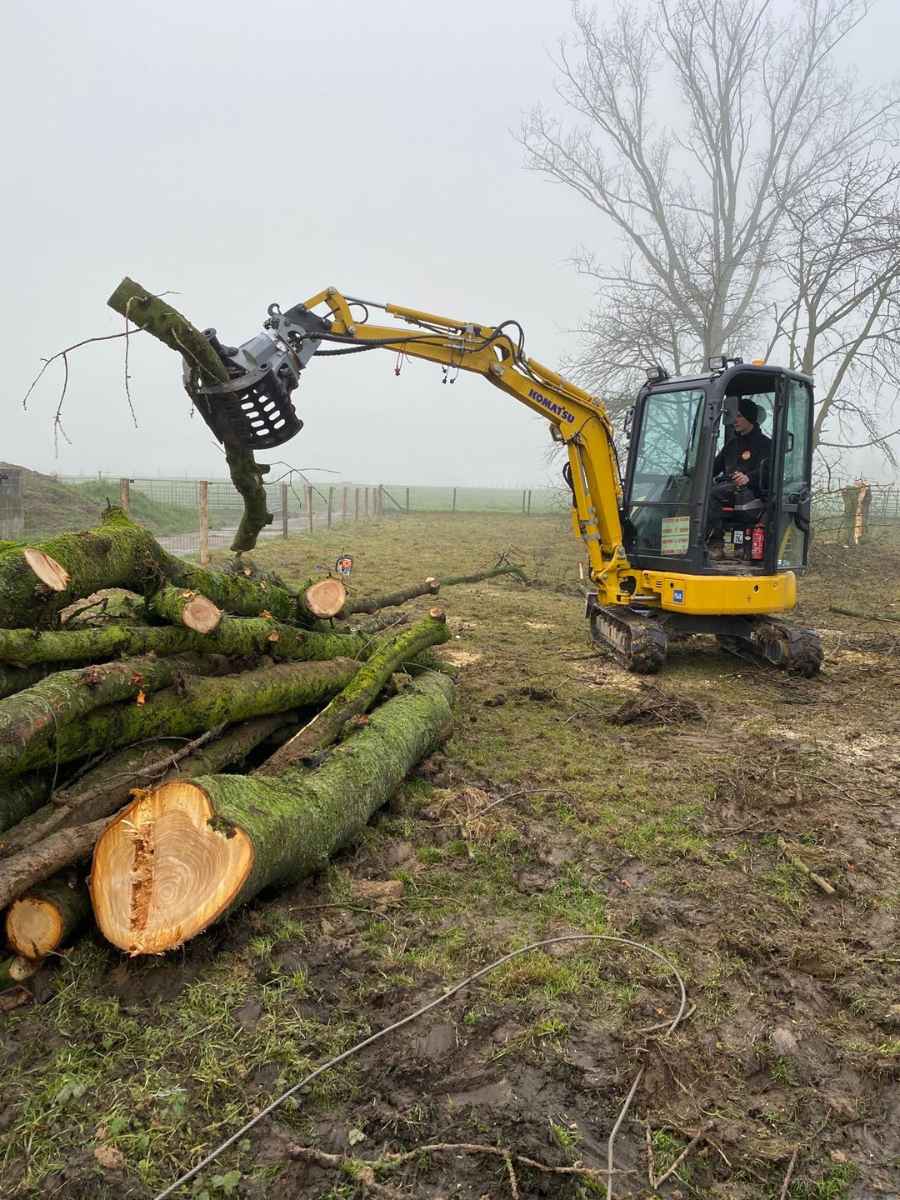 Medewerker van JDC BV ruimt gevelde boomstammen op met een graafmachine.